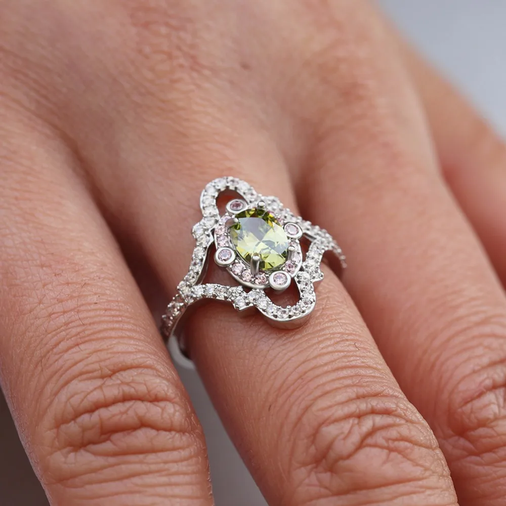 Female Gold Plating Oval Double Colors Green Yellow Zircon Big Flower Surface Ring Full Rhinestone Wedding Engagement Jewelry | Украшения и