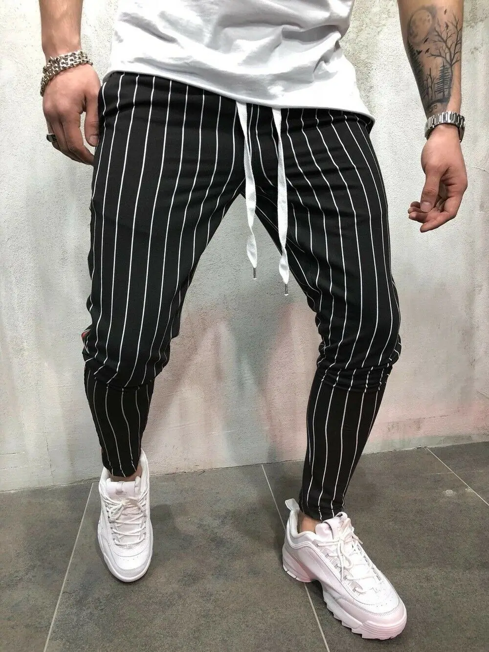 Мужские полосатые Длинные повседневные брюки Slim Fit Skinny Urban брюки джоггеры тренировочные брюки - Цвет: Черный