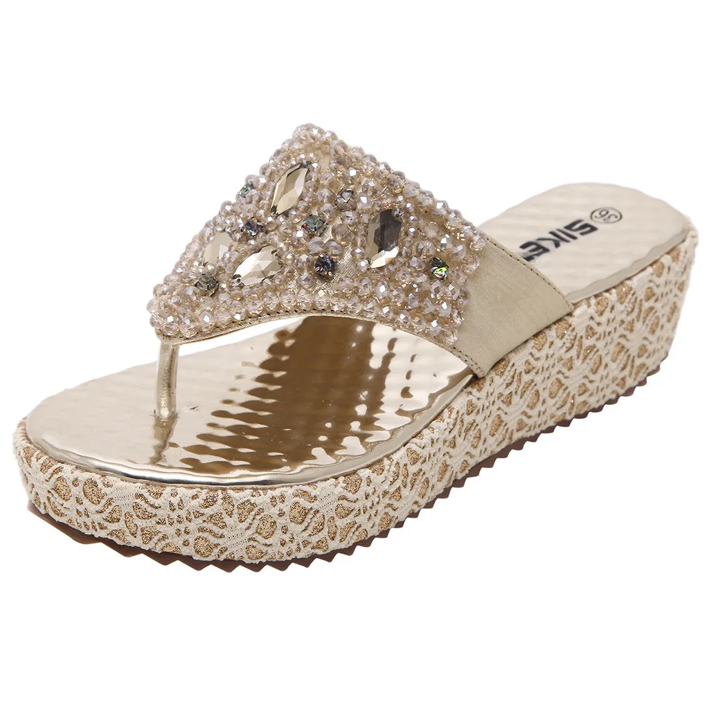 SAGACE/летние женские шлепанцы в богемном стиле на танкетке со стразами и бусинами