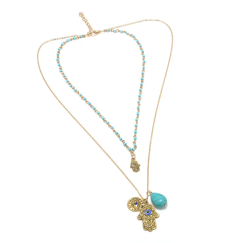 Винтажное многослойное золотое ожерелье с ручной подвеской Fatima Hamsa богемное