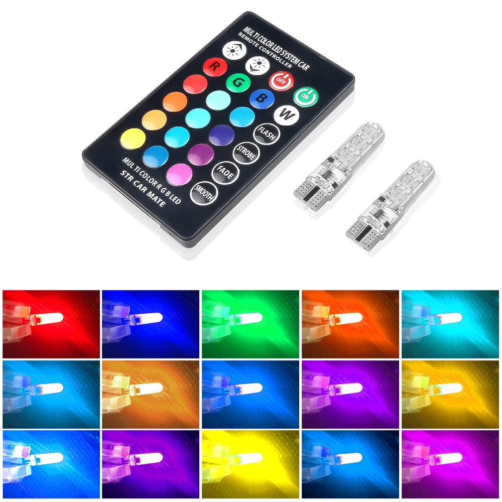 

2 Pieces RGB Strobe Led Lamp T10 W5W Car Lights LED Bulbs 194 168 501 Amber Silica gel clearance lights 12V With Remote Control