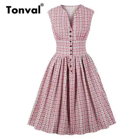 Женское винтажное однобортное платье Tonval, летнее розовое платье-рубашка с маленьким цветочным принтом, Повседневное платье с высокой талие...