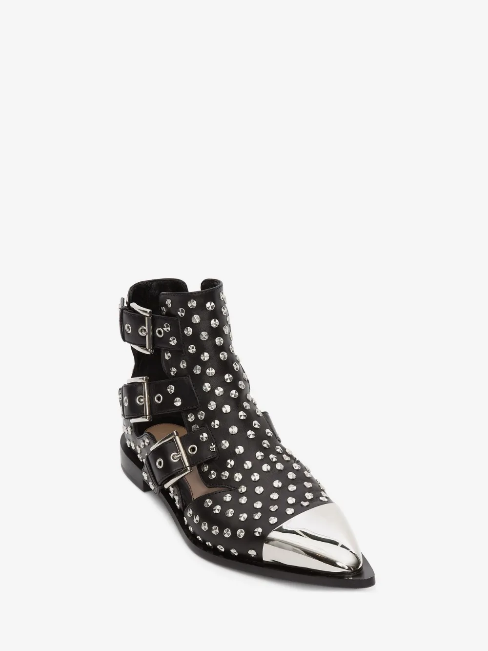 Studded Cow Leather Street Ankle Boots Buckles Women Flat Gladiator Boots Zapatos Mujer Ladies Punk Metal Toe Cap Shoes Size 43