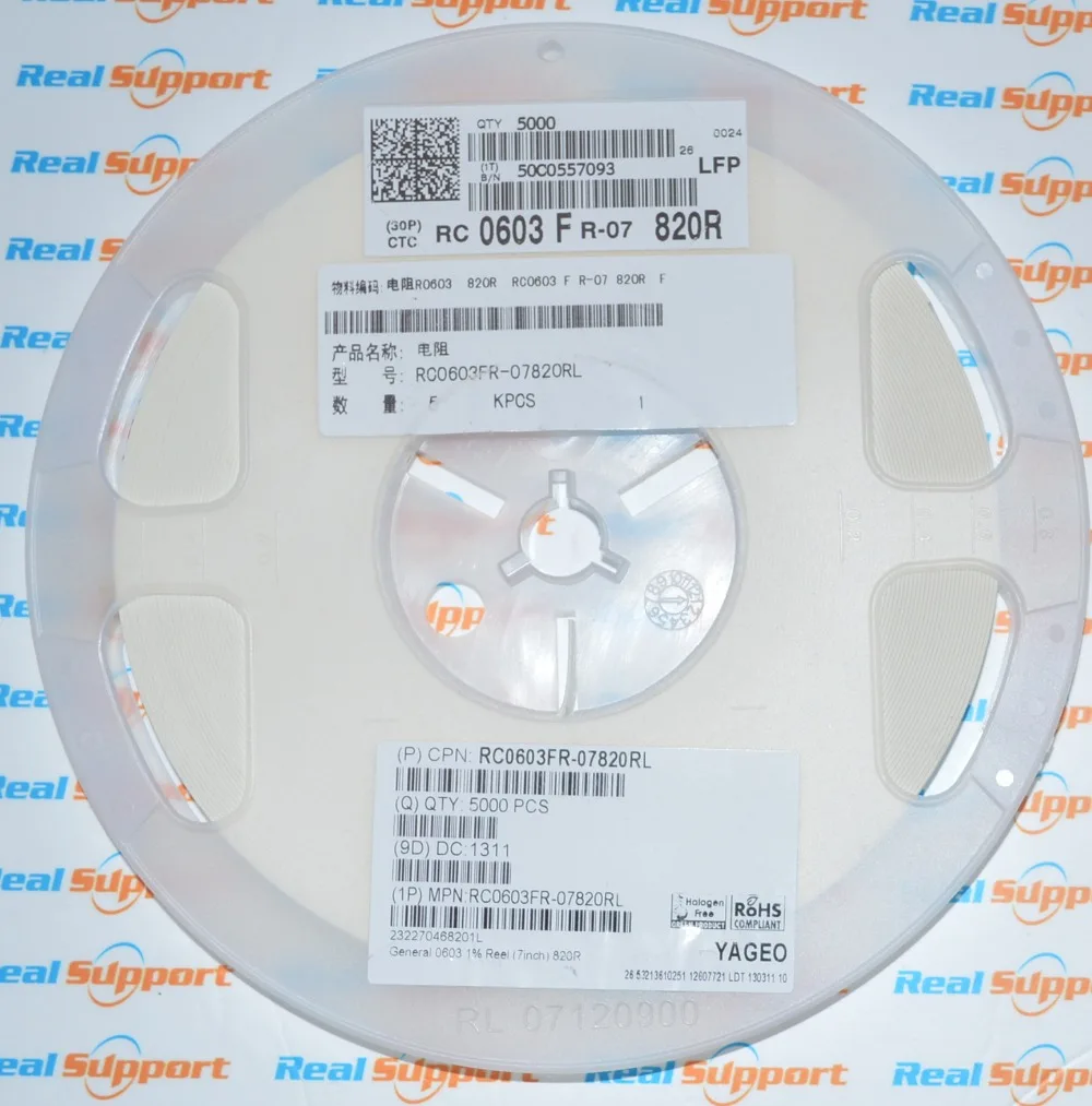 5000 шт./лот 0603 820 Ом 1% 1/10 Вт 0.1 резистор 1608 820R 821 чип RC0603FR 07820RL|resistor ohm|ohm resistorresistor ohm |
