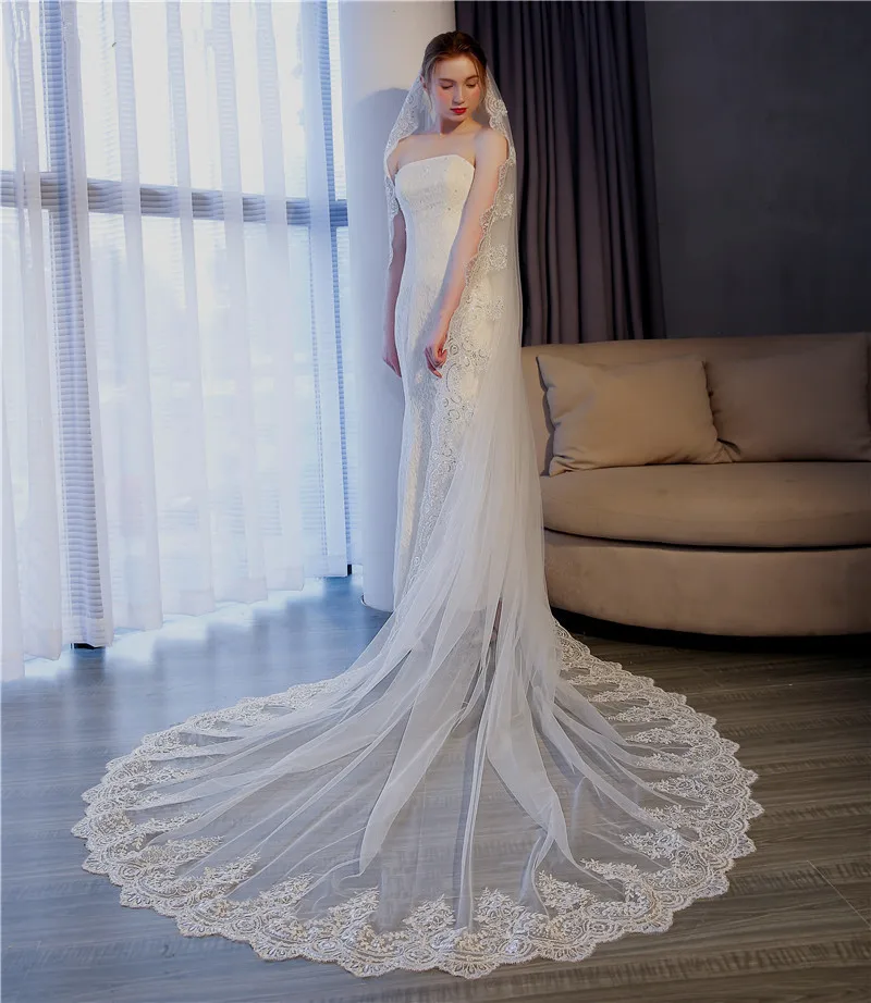

Elegant 2019 Voile 3M veil One Layer Lace Edge Ivory White Cathedral Wedding Veil Long Bridal Veil Veu de Noi longo