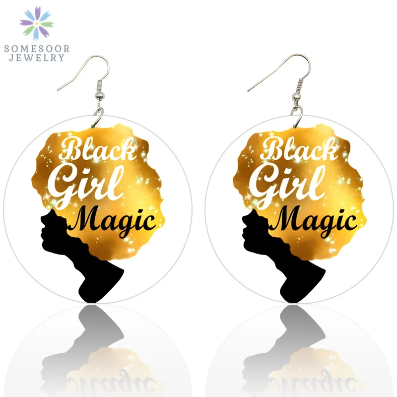 

SOMESOOR Both Sides Painting Golden Natural Hair African Wood Drop Earrings AFRO Black Magic Girl Hiphop Jewelry For Women Gifts