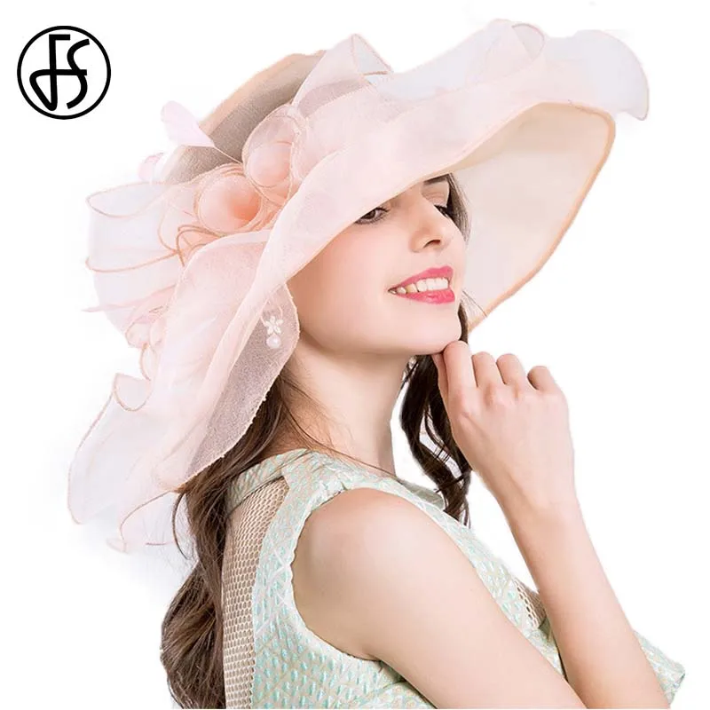 Женская винтажная пляжная шляпа FS розовая от солнца из органзы с широкими полями