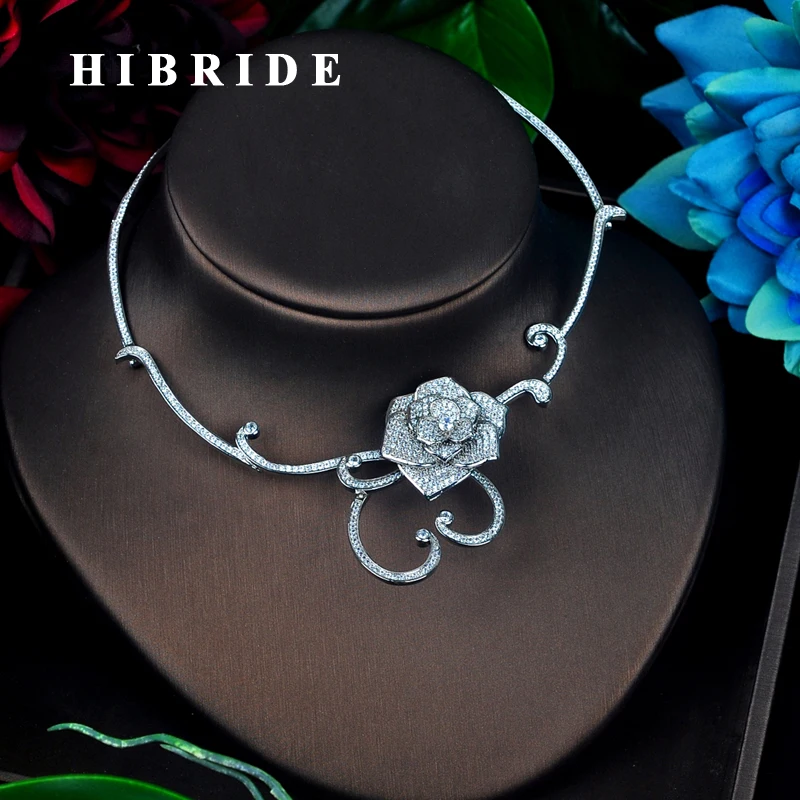 

HIBRIDE Beauty Bridal Necklace AAA Cubic Zirconia Flower Design Chorker Fashion Jewelry Pendant Accessories N-675