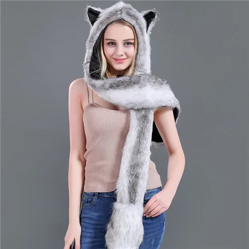 gray white Женская Мужская теплая зимняя шапка из животного меха пушистая плюшевая Шапка капюшон шарф шаль с перчатками Леопард панда волк медведь шапка шарф набор - Цвет: gray white