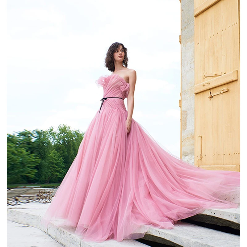 

Verngo Pink Tull Evening Dress Elegant Evening Gown Formal Dress Custom Made Vestido Longo Festa Evening Dresses Long