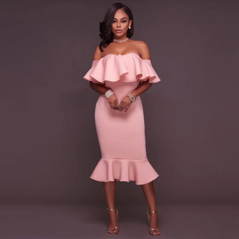 B&ampN Ruffles Slash Neck Dress Women One Piece Mermaid Long Fit Stretch Sexy Strapless Off Shoulder Solid Backless Cloth | Женская
