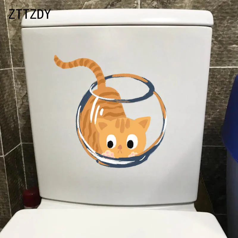 Смешная наклейка на унитаз ZTTZDY в виде кошки аквариуме домашний декор для комнаты