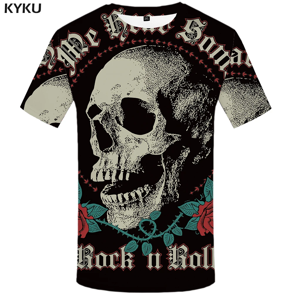 

KYKU Skull T-shirt Men Black Flower T-shirt Rose Cool Anime 3d Printed Tshirt Funny Punk Rock Mens Clothing Casual Summer Tops
