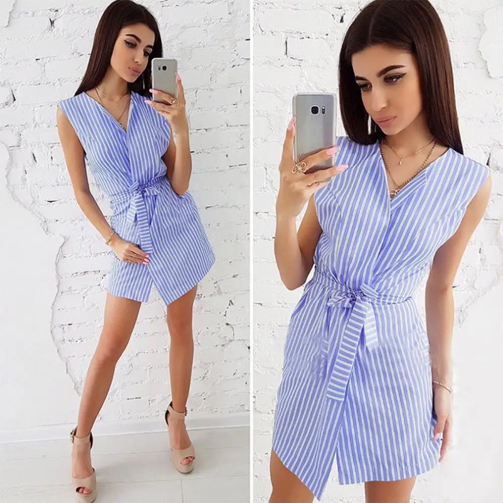 Женское Короткое платье мини без рукавов летний сарафан в полоску с поясом и
