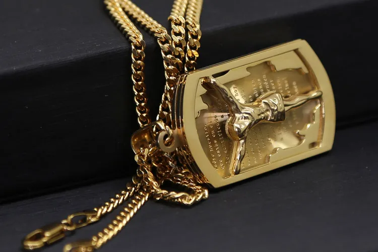 New Men's Gold Color Lord's Prayer and Crucifix Jesus Christ Dog Tag Pendant Miami Cuban Chain Hip Hop Style Necklace |