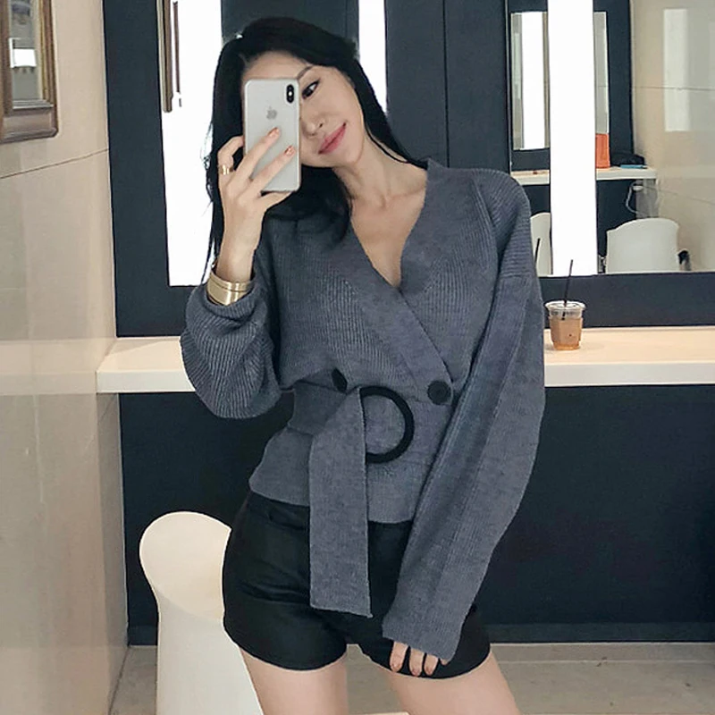 Женский двубортный свитер BGTEEVER вязаный с треугольным вырезом и открытой