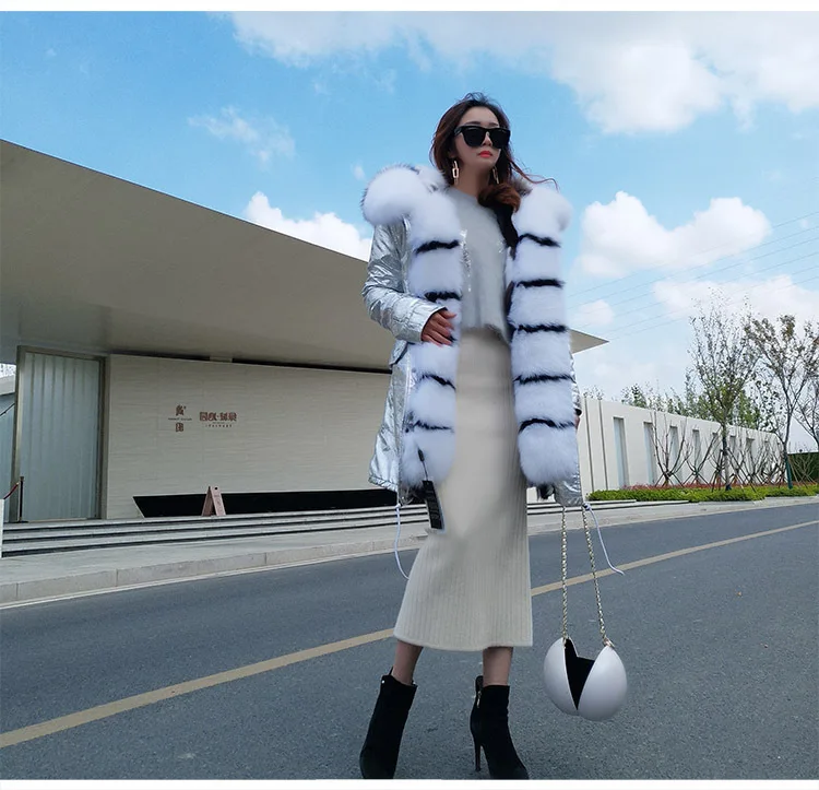 Deri Ceket Women Winter Large Natural Real Fox Fur Cuff& Liner Thick Warm Silver Jacket Coast Female Waterproof Loose Parkas