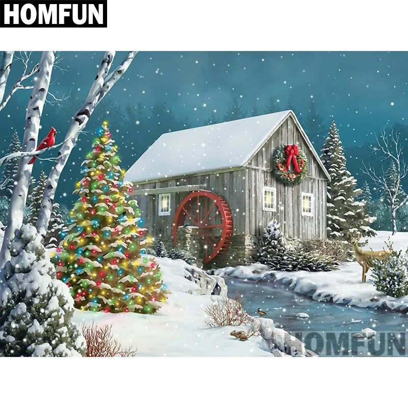 Алмазная 5D картина HOMFUN Рождественский Снежный дом вышивка крестиком из