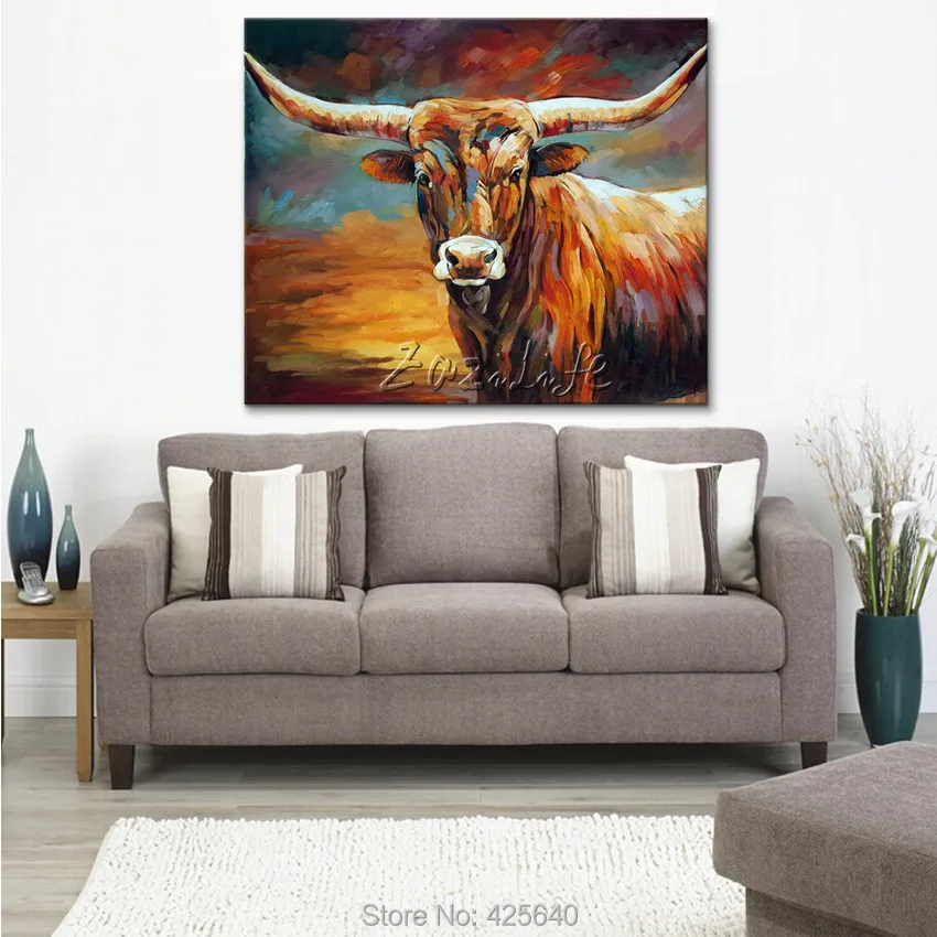 Ручная роспись животный бык картина маслом на холсте для гостиной стены