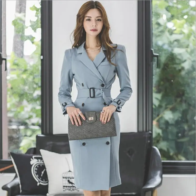 2019 autumn new fashion Double-breasted long office ladies dress female high waist trench sleeve elelgant g1319 | Женская одежда