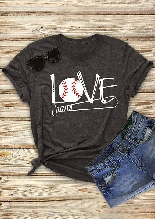 

2018 Fashion Women T Shirt Summer Short Sleeve Love Baseball Bat Print T-Shirt Female Casual Dark Grey t shirt Ladies Tops Tee