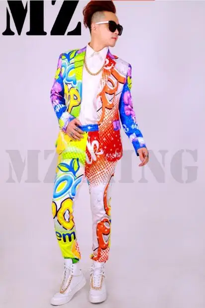 

fashion jacket Men's New Brand singer DJ nightclub catwalk models suit the color of lemon cola graffiti costumes Blazers Men