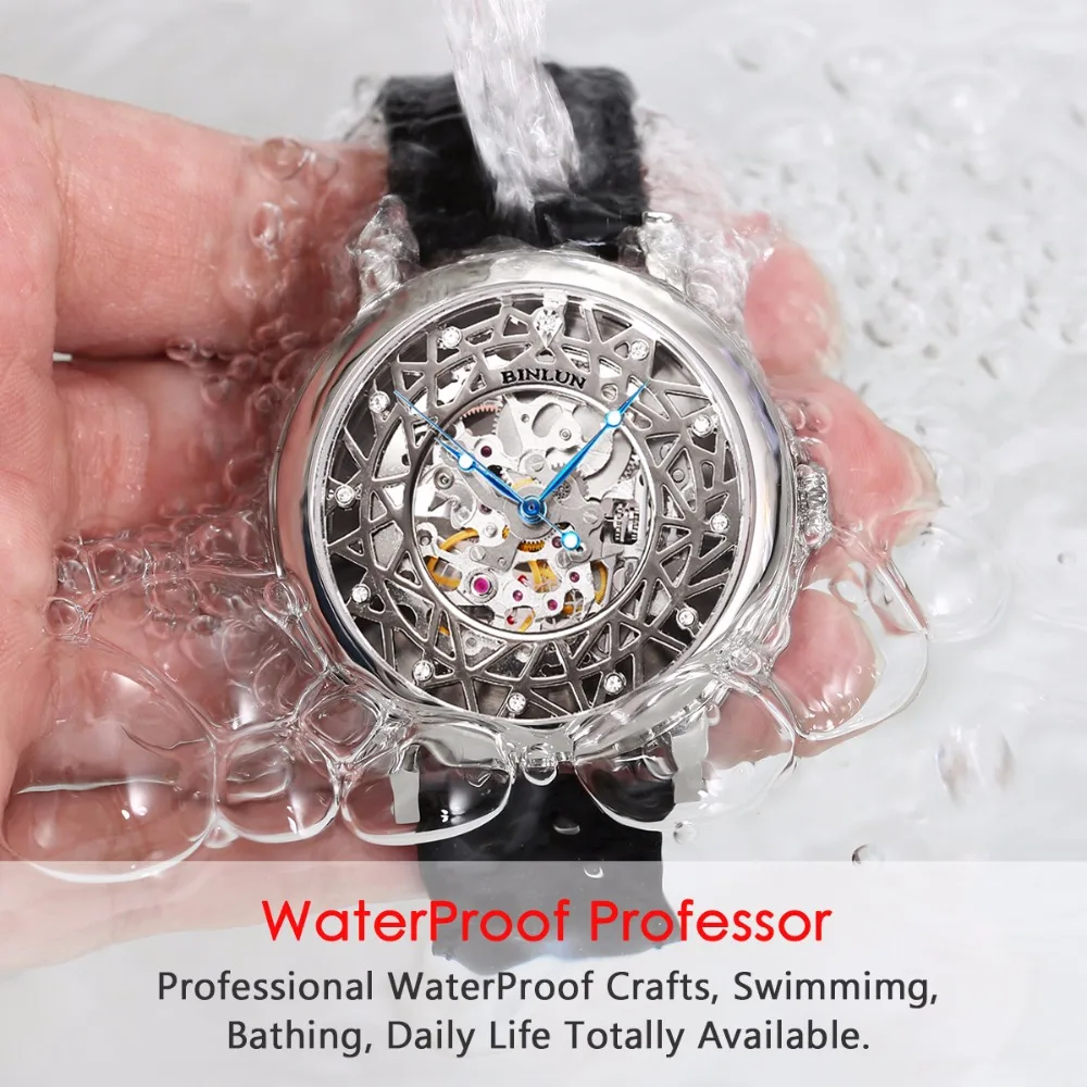 BINLUN Мужские автоматические часы со скелетом Роскошные Водонепроницаемые