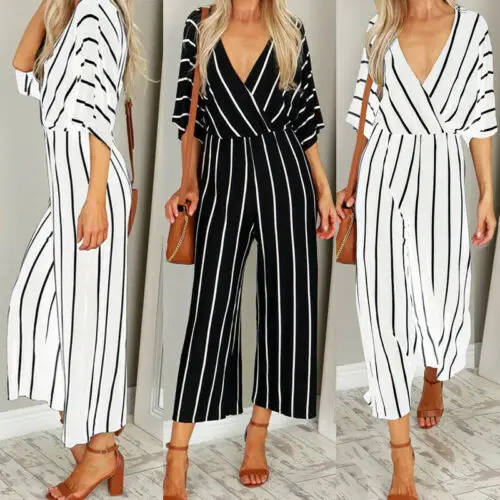 OL Ladies Half Sleeve Striped Loose Baggy Trousers Jumpsuit Overalls Wide Leg Romper | Женская одежда