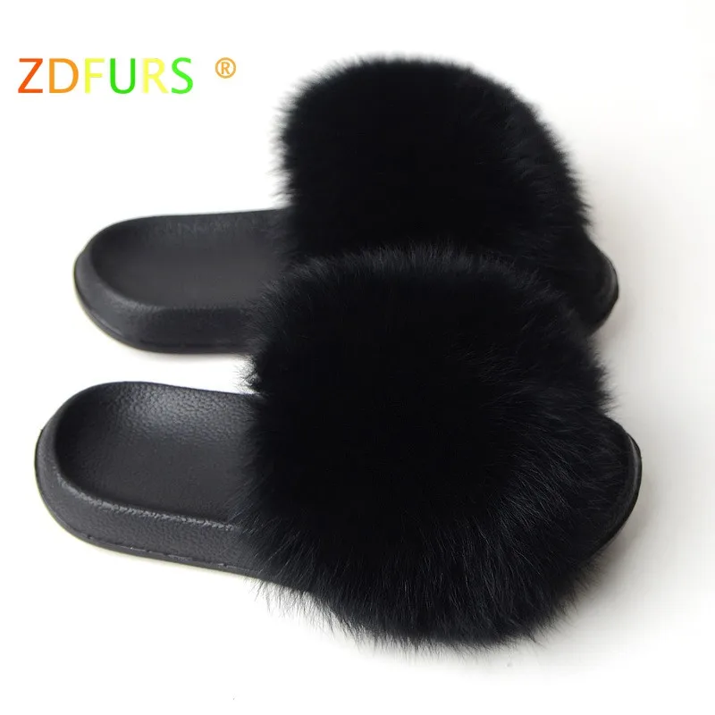 Черный ZDFURS* ; Лидер продаж; летние шлепанцы из лисьего меха; модные шлепанцы из ЭВА с натуральным мехом; женская пляжная обувь; женские Вьетнамки; яркие цвета - Цвет: Черный