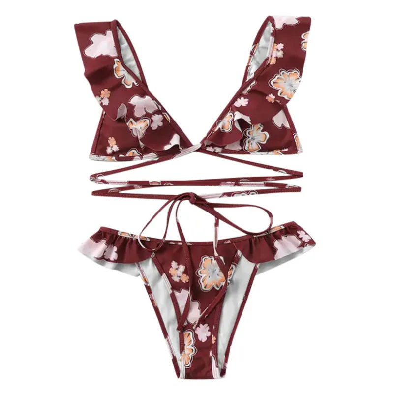 Женский купальник бикини сексуальный комплект с цветочным принтом и высокой