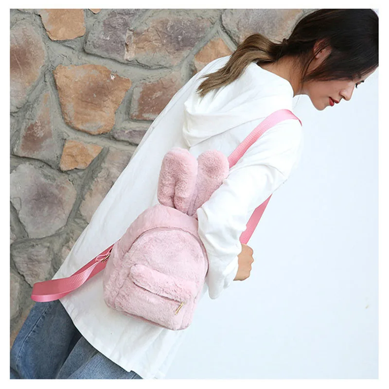 

Children Faux Fur Mini Rabbit Ears Backpacks Girls Kids School Kindergarten Shoulder Bags Purse Kids Baby Plush Backpack Handbag