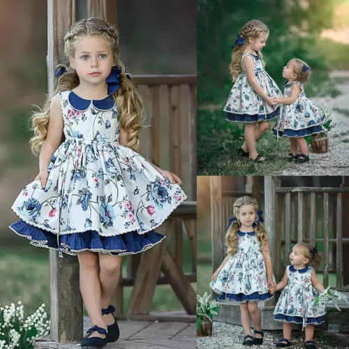 New Princess Girl Flower Tutu Dress Kid Baby Sleeveless Lace Navy Floral Wedding Party Children Summer Sundress | Детская одежда и