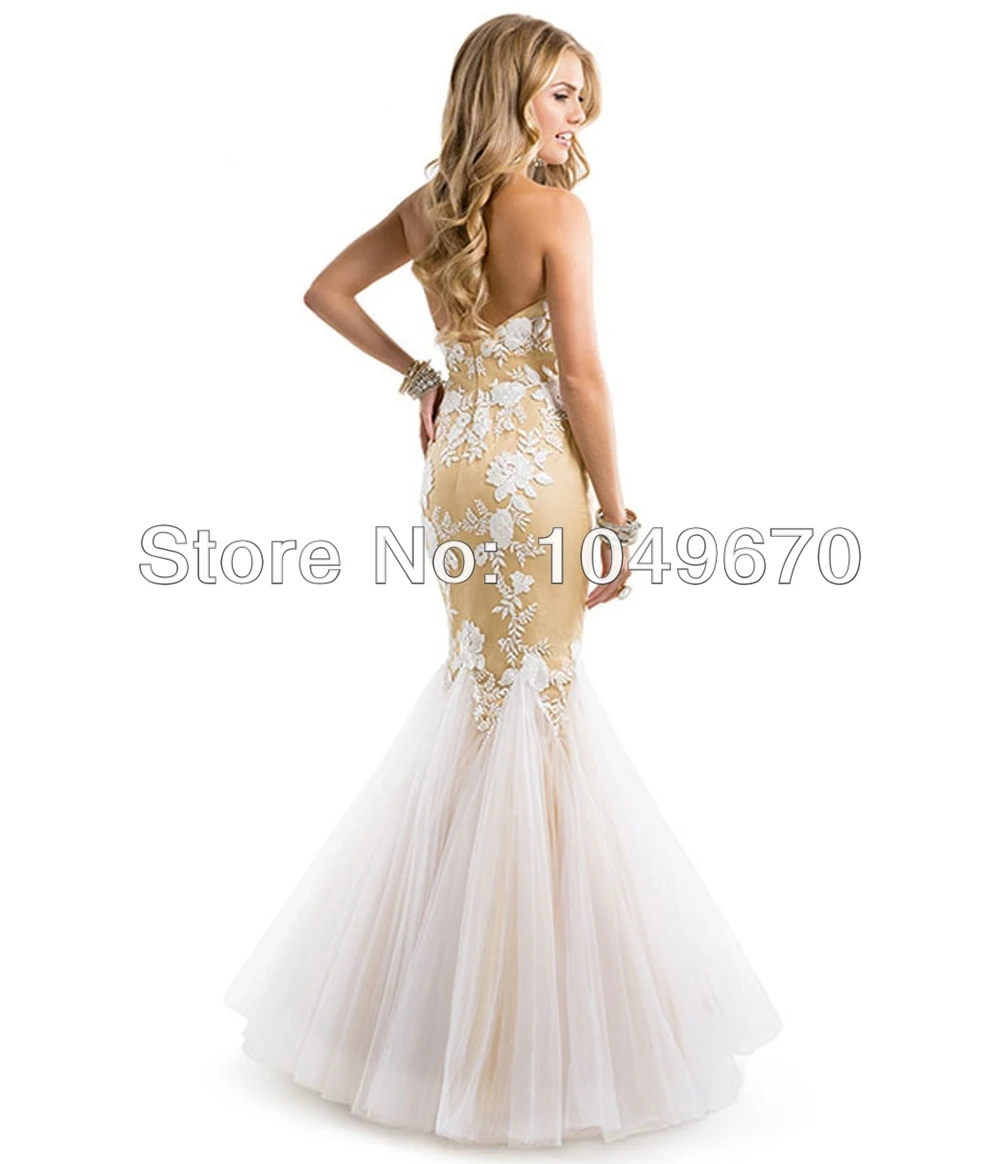 2014 Free Shipping Sweetheart Applique Mermaid Prom Dresses Tulle Floor Length vestidos de fiesta Gowns Party N448 | Свадьбы и