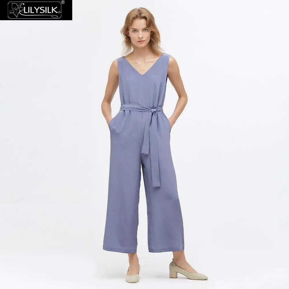 Dusty Blue LilySilk Шелковый комбинезон шикарные Широкие Женские Новые - Цвет: Dusty Blue