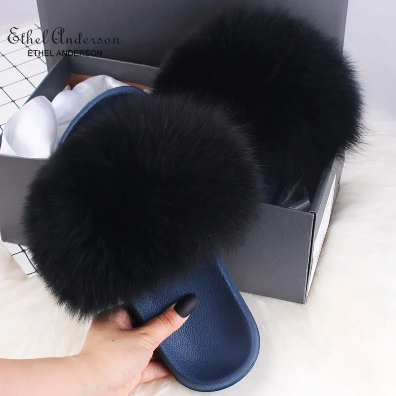Black(Navy) Летние женские тапочки с лисьим мехом; шлепанцы с натуральным лисьим мехом; модные меховые Вьетнамки; повседневные пляжные сандалии; Пушистый Плюшевый обувь - Цвет: Black(Navy)