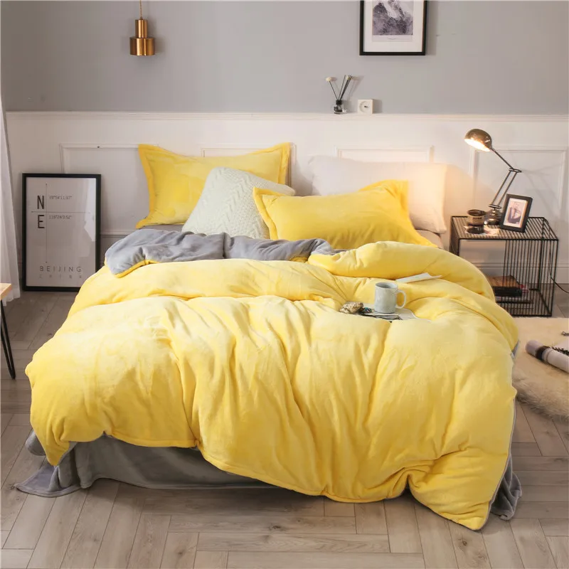 yellow silver Зеленый зимний флисовый комплект постельного белья AB сбоку пододеяльник фланелевый флисовый плоский лист 3/4 шт. твердый Домашний Комплект постельного белья caroset постельное белье теплые - Цвет: yellow silver