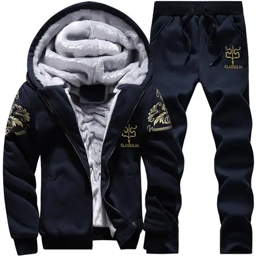 D76 Dark Blue Мужской комплект с капюшоном, плотные флисовые толстовки+ спортивные штаны,, зимний весенний свитшот, Спортивная мужская одежда с буквенным принтом - Цвет: D76 Dark Blue