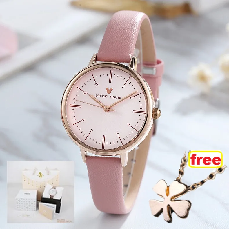 PINK-BOX GIFT Disney часы женские новые модные простые кожаные женские часы девушка часы белый черный Микки Маус кварцевые наручные часы Montre Femme - Цвет: PINK-BOX GIFT