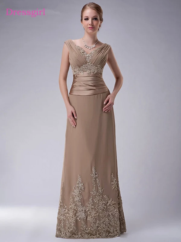 

Plus Size Mother Of The Bride Dresses A-line Cap Sleeves Chiffon Lace Beaded Long Elegant Groom Mother Dresses Wedding