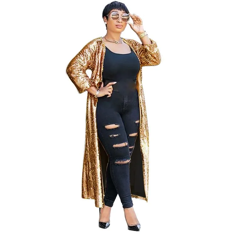 Women Autumn Sparkly Gold Long Cardigan Coat Open Front Sequin Party Glitter Trench Outwear | Женская одежда