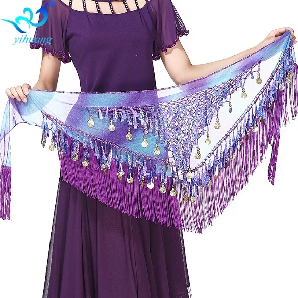 Purple Blue Горячая Египетский танец живота хип шарф для женщин костюмы на Хэллоуин хип юбка фестиваль обёрточная бумага пояс с блестками кисточкой Танцевальная вечеринка - Цвет: Purple Blue