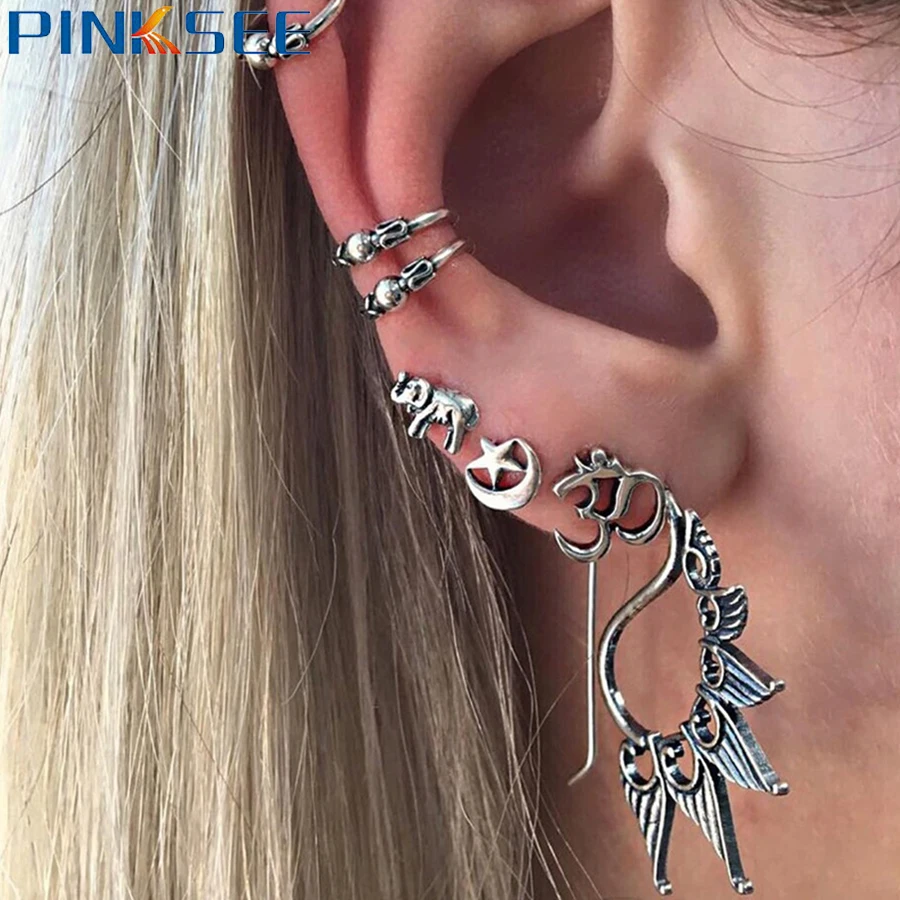 Серьги клипсы серебряные в античном стиле 7/8 шт./компл.|cuff piercing|cartilage cuffclip earrings |