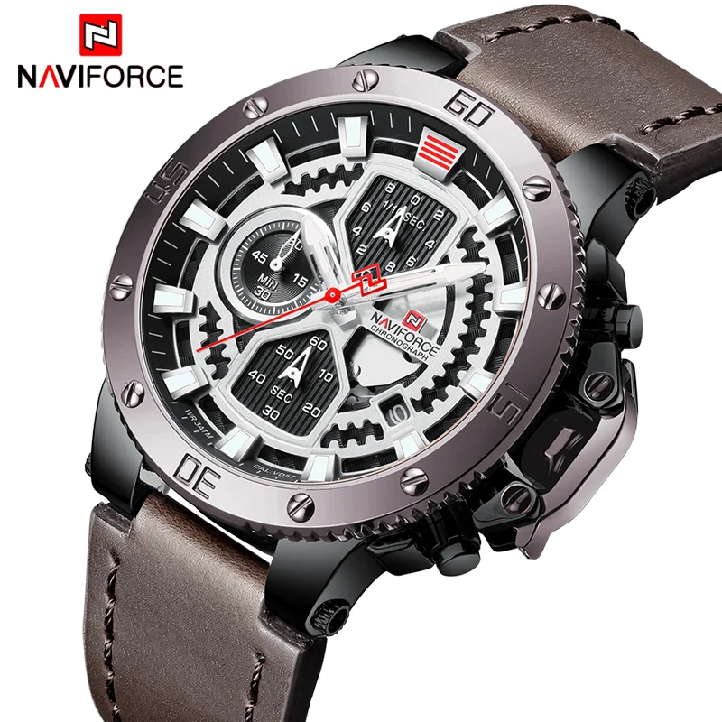 Часы наручные NAVIFORCE Мужские кварцевые с хронографом и кожаным ремешком | Наручные