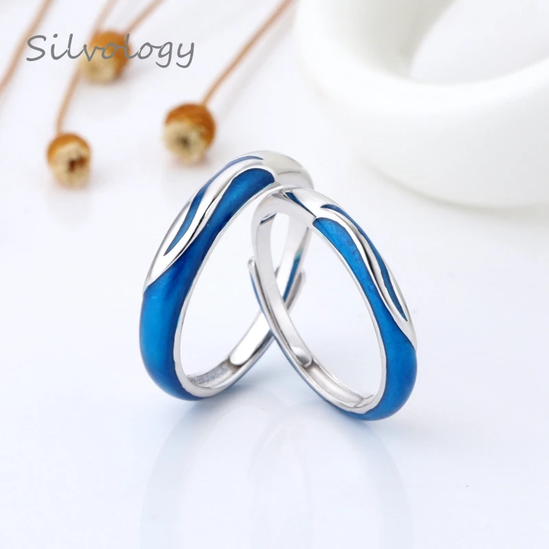 Серебряные кольца с эмалью Silvology элегантные и синей водой ручная роспись