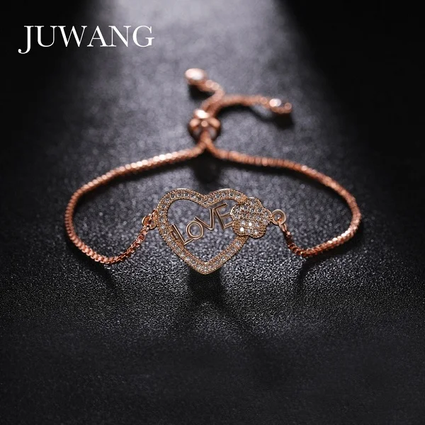 rose gold Роскошный браслет в форме сердца из розового золота с регулируемой цепочкой AAA кубический циркон для женщин, элегантные ювелирные изделия для свадебной вечеринки - Окраска металла: rose gold