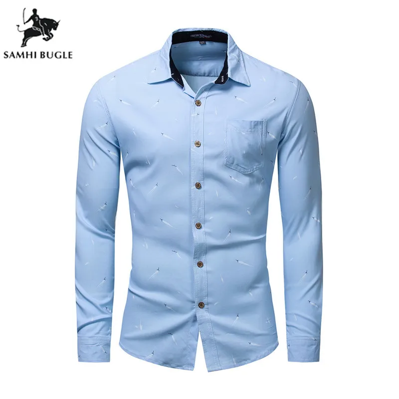 Мужская классическая рубашка деловая с длинным рукавом и принтом из саржи на