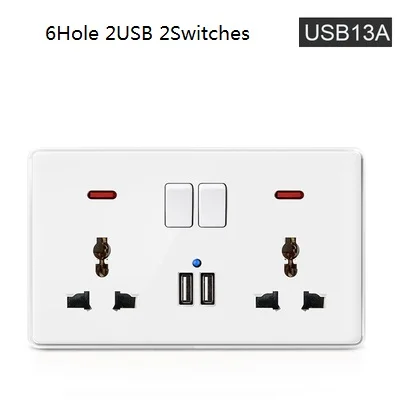 2switch 6Hole 2usb 86 Тип, стандарт США, Великобритании, настенный выключатель, 1 банда, 2 банды, 3 банды, 4 банды, 1Way, 2Way, настенный светильник, переключатель, 20A, 45A, розетка переменного тока, британская розетка - Цвет: 2switch 6Hole 2usb