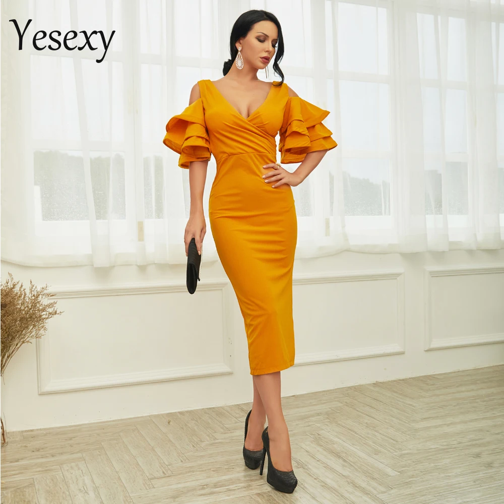 Yesexy, Vestidos Verano, сексуальные платья с открытыми плечами и глубоким v-образным вырезом, с рюшами, с бабочкой, с коротким рукавом, женское элегантное вечернее платье, TB0023