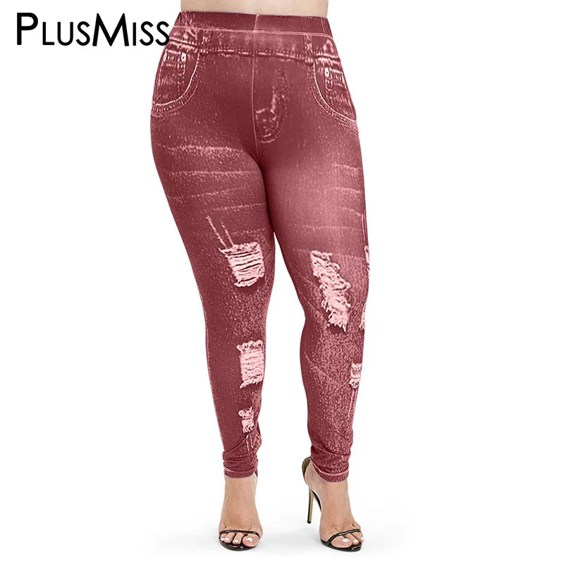 PlusMiss размера плюс 5XL пикантные эластичную искусственную 3D Джинсы Леггинсы Для