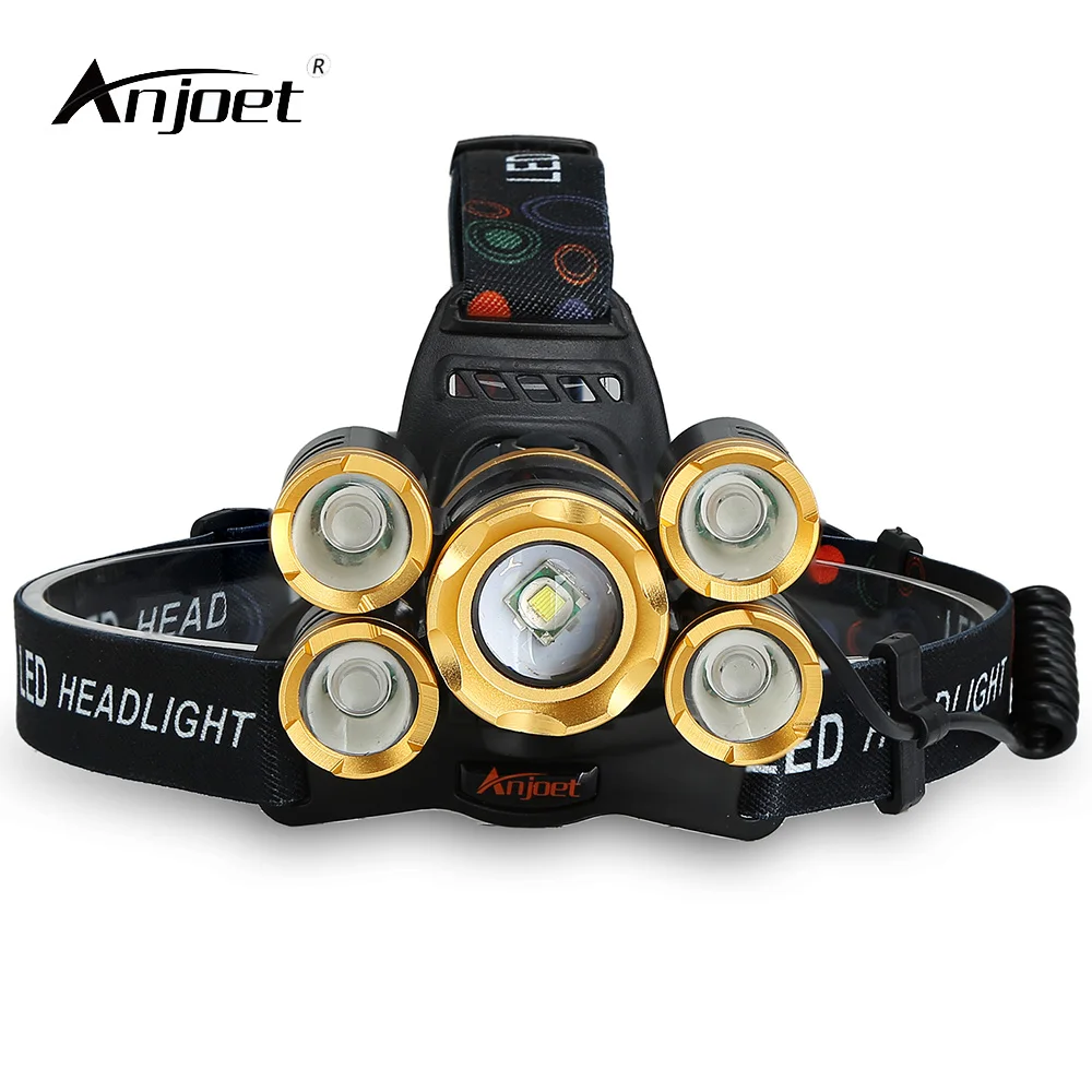 

ANJOET LED Headlight Zoomable 5leds Flashlight 5000 lumens 4 Modes Headlamp Torch 1*T6+4*R5 camp hike emergency fishing outdoor